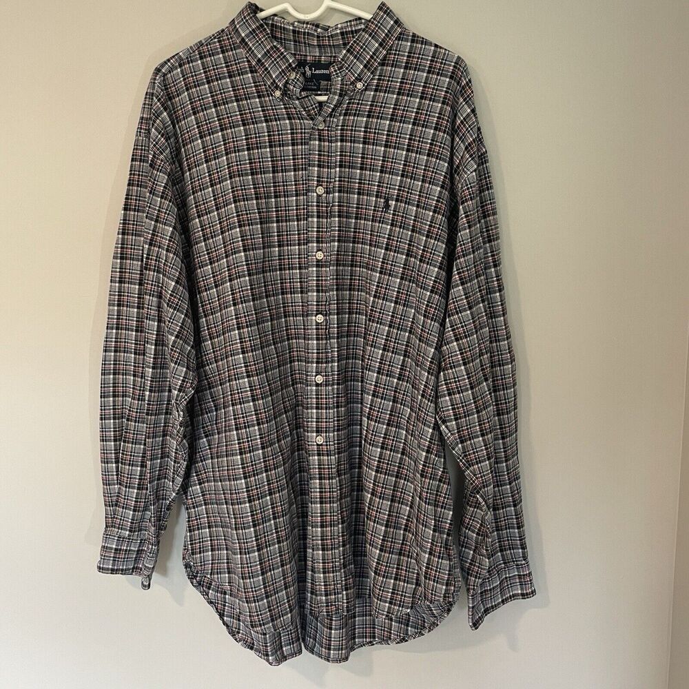 Polo Ralph Lauren Blake Cotton‎ Shirt Mens XXL Blue Plaid Button Down Shirt 90s